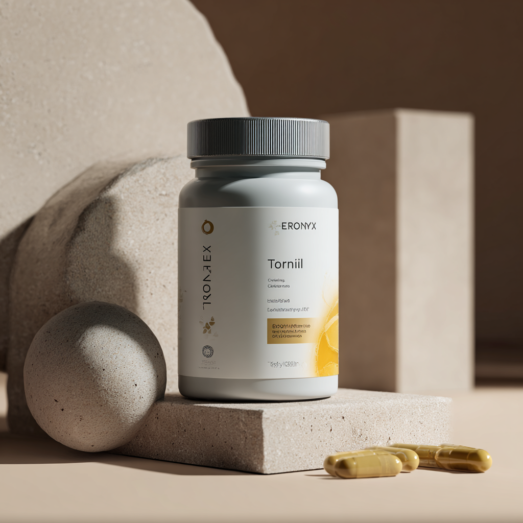 Торнексил капсули - натурален продукт за подобряване на потентността, представен в елегантна опаковка с тъмносини и златисти тонове, заобиколен от натурални растителни екстракти и билки в реалистичен стил